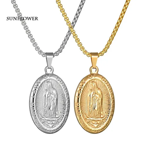 Notre-Dame De Guadalupe Vierge Marie Pendentif Collier Vintage En Acier Inoxydable Relief Ovale Chaîne De Boîte Bijoux Religieux