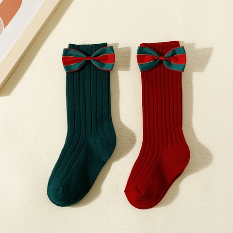 Calze Di Natale Per Bambini Al Polpaccio In Cotone Pettinato Maglia A Costine Con Fiocco In Nastro Traspirante Morbido Neonati