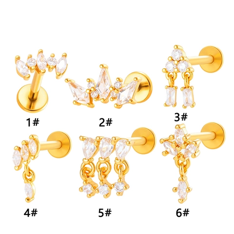 Internally Threaded Labret Stud Lip Ring Cartilage Earring Copper Inlaid Zircon With Titanium Alloy Post Flat Back Piercing Jewelry
