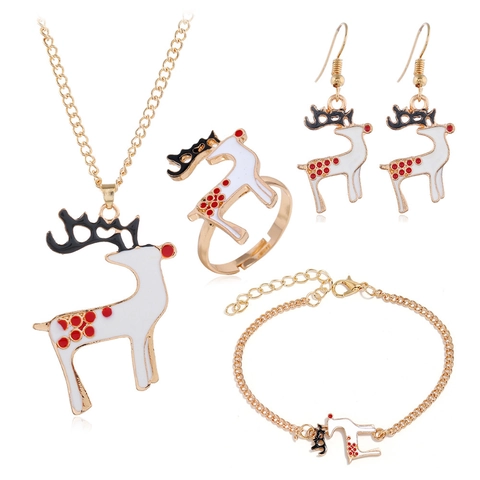 Kerstmis Rendier Sieradenset Legering Emaille Ketting Armband Oorbellen Ring Vier Delige Feest Sieraden Voor Vrouwen Goud Wit