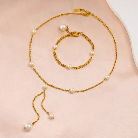Set di Gioielli in Acciaio Inossidabile con Perle Artificiali Vintage per Donna Collana Lunga a Y con Nappa e Bracciale Coordinato Oro