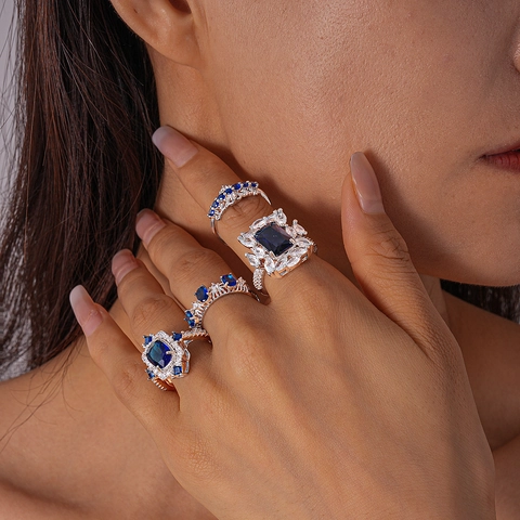 Vintage Blue Zircon Geometric Open Rings For Women Copper Adjustable Hollow Square Oval Elegant Luxury Jewelry Accessory