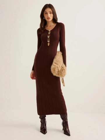 Knitted Maxi Dress V Neck Long Sleeve Ribbed Slim Fit Bodycon Hollow Out With Metal Buckles Solid Color For Women