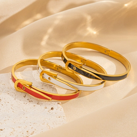 Stainless Steel Belt Buckle Bangle For Women Gold Plated Enamel Fashion Elegant Jewelry Accessory Unique Cuff Bracelet