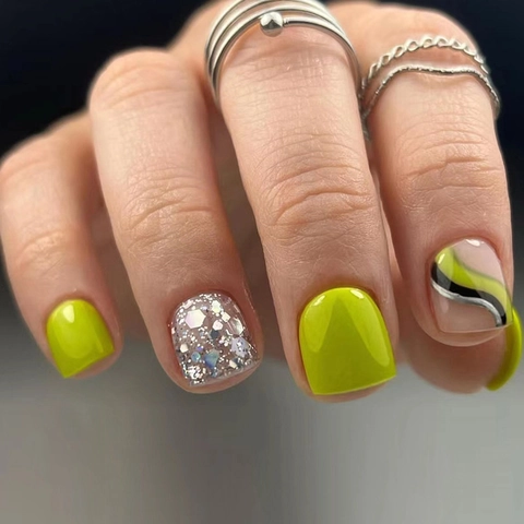 Press On Nails Short Square Round Light Green Wave Glitter Glossy Reusable Artificial Fake Nail Tips For Women Fashion