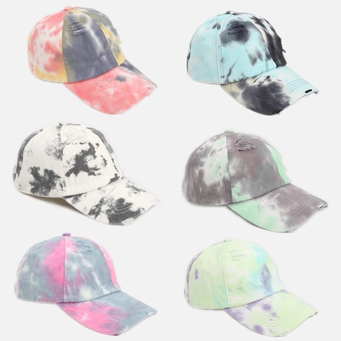 Cappellino Da Baseball Tie Dye Cotone Distressed Regolabile Visiera Curva Cappello Sole Vintage Hip Hop Streetwear Uomo Donna