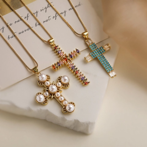 Collana Con Ciondolo A Croce Rame Placcato Oro Con Zircone E Perla Artificial Sintetica Moda Retrò Vintage Catena Per Donna
