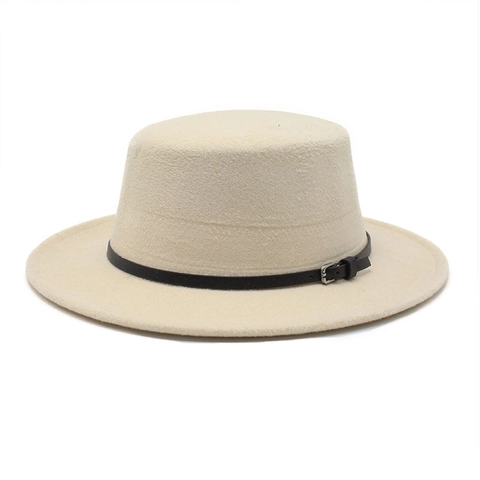 Flat Top Boater Hat Wool Felt British Style Wide Brim With Belt Buckle Decor Unisex Vintage Jazz Cap