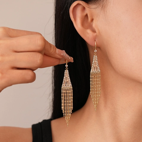 Orecchini Pendenti Nappa Triangolo Geometrico Rame Oro Zircone Strass Gioielli Eleganti Donne