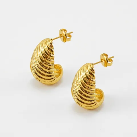 Pendientes De Botón Croissant Baño Oro 18K Acero Inoxidable 304 Textura Espiral Estriada Joyería Vintage Mujer