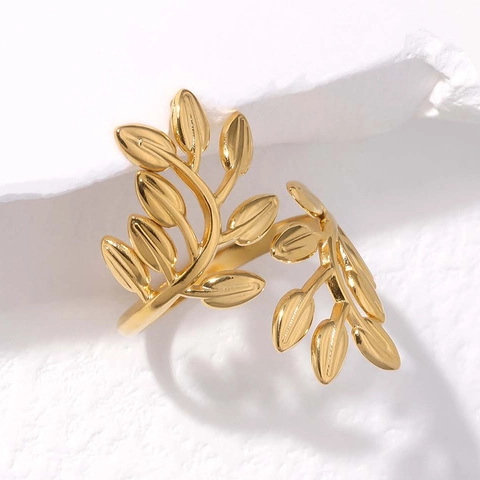 Adjustable Leaf Ring Stainless Steel Olive Branch Wrap Open Ring Natural Style For Women High Polish