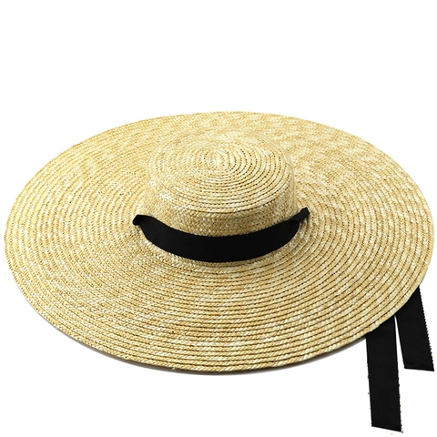 Elegant Wide Brim Flat Top Straw Sun Hat For Women Summer Beach Vacation With Black Ribbon Band Hepburn Style
