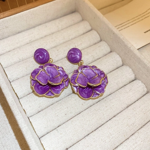 Violette Rose Tropfenohrringe Emaille Französische Retro Legierung Schmuck Mit Silbernem Ohrstecker Für Damen
