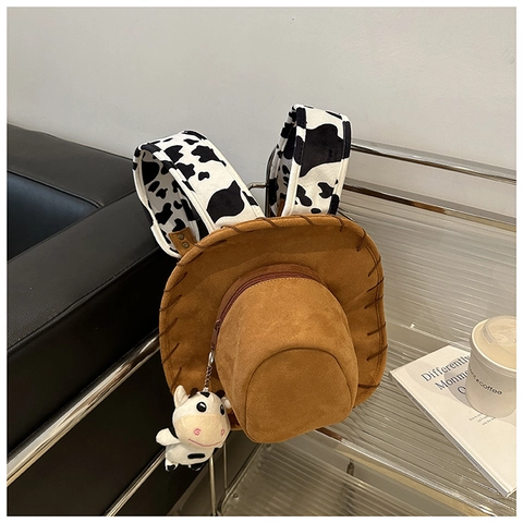 Sac À Dos Tendance En Forme De Chapeau Cowboy Suède Style Occidental Avec Bandoulière Imprimé Vache Créatif Petit Sac