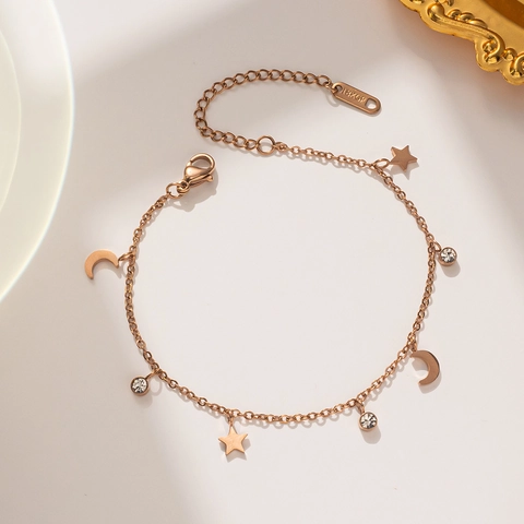Bracciale in Acciaio al Titanio Stella Luna per Donna Oro Rosa Minimalista Strass Bracciale a Catena Sottile Gioielli di Moda