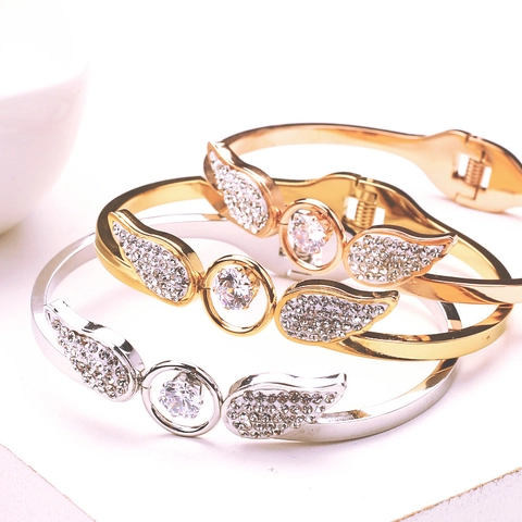 Engel Vleugel Manchet Armband Roestvrij Staal Zirkoon Strass Open Sieraden Cadeau Voor Vrouwen