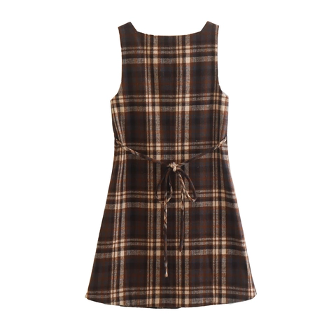 Women Plaid Midi Dress Woolen Tweed Sleeveless Square Neck Button Down Tie Back Vintage Mori Style