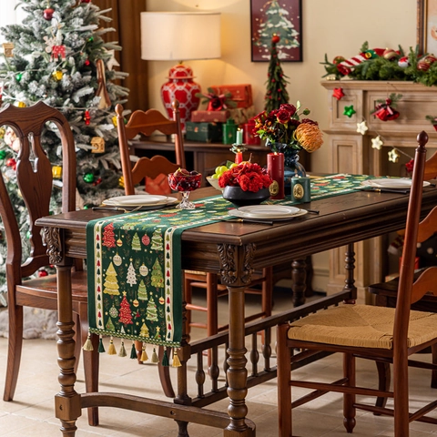 Camino De Mesa De Navidad Jacquard Poliéster Mantel Con Borlas Muñeco De Nieve Reno Copos De Nieve Patrones Decoración De Hogar