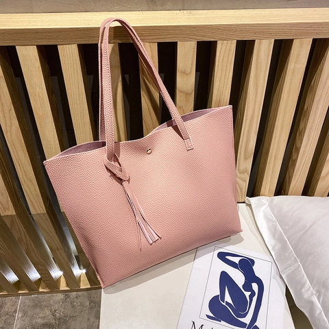 Women Tote Bag PU Leather Pebbled Texture Large Capacity Tassel Decor Magnetic Buckle Shoulder Handbag Daily Casual