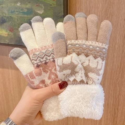 Gants Tricotés D'Hiver Pour Femmes Avec Poignets En Fausse Fourrure Écran Tactile Motif Renne Flocon De Neige Chaud
