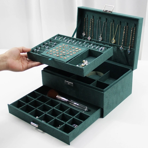 Jewelry Organizer Box Velvet Multi Layers Lockable Retro Case For Earrings Rings Necklaces Storage Large Capacity