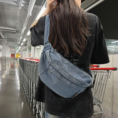 Retro Washed Denim Chest Bag Harajuku Streetwear Crossbody Bag With Adjustable Strap Multi Pockets For Daily Casual Wear