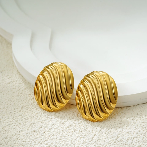 18K Gold Plated Stainless Steel Geometric Stud Earrings Wrinkled Textured Striped Square Oval Earrings Fashion Jewelry