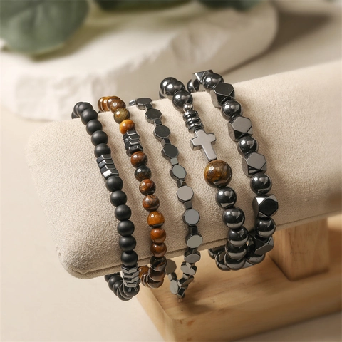Bracciale Di Perline In Pietra Occhio Di Tigre Naturale Elastico Retro Geometrico Esagono Croce Gioielli Uomini Donne