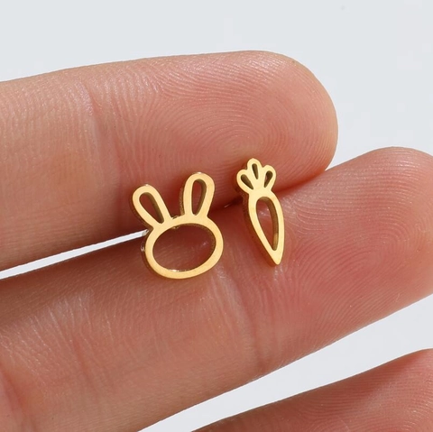 Rabbit And Carrot Asymmetric Stud Earrings Stainless Steel Cute Animal Jewelry Women Girls Korean Style