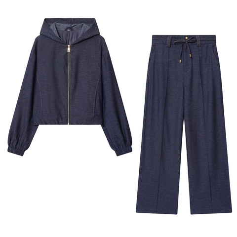 Women Casual Hooded Zip Up Jacket And Wide Leg Pants High Waist Drawstring Streetwear Dark Blue Denim Texture Polyester