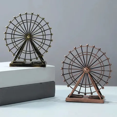 Retro Metal Ferris Wheel Model Rotating Desktop Ornament Warm LED Light Vintage Iron Art Home Office Decoration