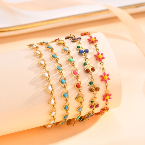 Pulsera de Eslabones de Acero Inoxidable Dorado para Mujer Dulce Esmalte Corazón Cereza Flor Pulsera Ajustable Joyería Regalo