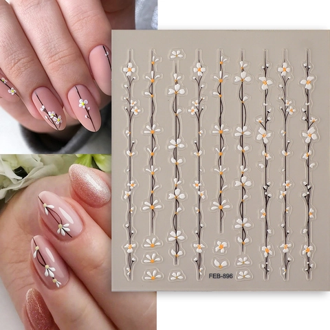 5D Embossed Nail Art Stickers Flower Floral Daisy Designs Self-Adhesive 3D Textured Minimalist Manicure Decor For Women