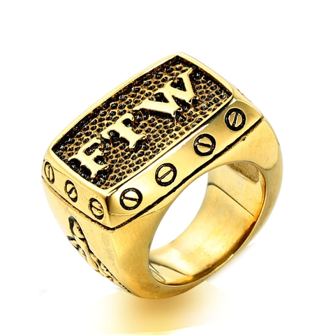 Men Stainless Steel FTW Letter Signet Ring Vintage Punk Hip Hop Biker Jewelry Screw Detail