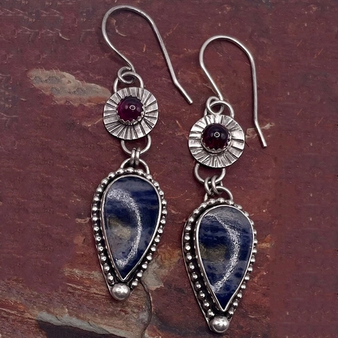 Vintage Ethnic Teardrop Earrings Blue Natural Stone Red Gemstone Metal Hook Bohemian Dangle For Women Jewelry