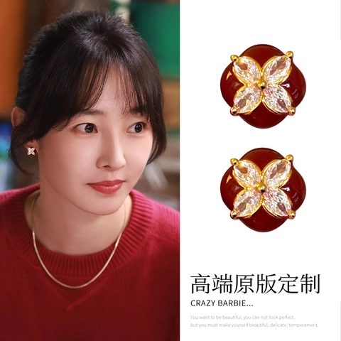 Retro Square Flower Stud Earrings Gold Plated Copper Zircon Enamel With Silver Earring Post For Women
