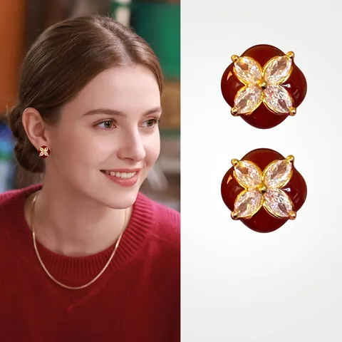 Orecchini A Lobo Quadrati Con Fiori Retrò Rame Placcato Oro Zircone Smalto Con Perno In Argento Per Donna
