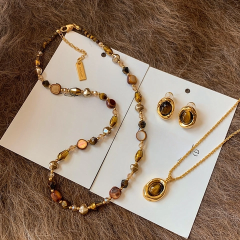 Vintage Tiger Eye Jewelry Necklace Earrings For Women 18K Gold Plated Copper Beaded Retro Style With Silver Earring Post
