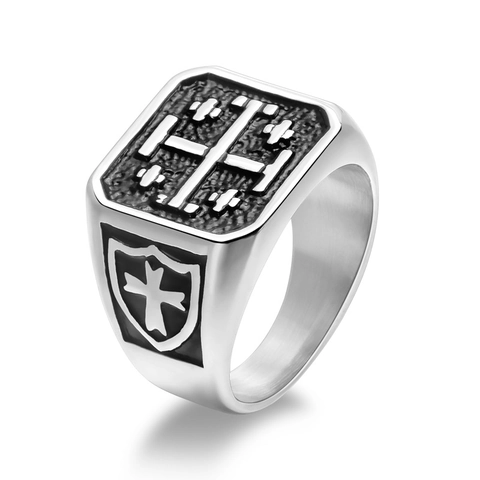 Anello Sigillo Croce Di Gerusalemme Uomo Acciaio Inossidabile Titanio Retro Scudo Cavaliere Medievale Punk Gothic Gioielli