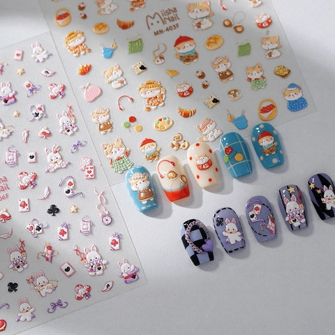 Autocollants Nail Art Relief 5D Texturés 3D Auto-Adhésifs Ultra Fins Style Japonais Dessin Animé Chat Lapin Poker Magie