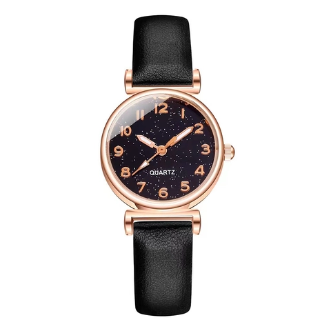Orologio Al Quarzo Da Donna Elegante Quadrante Cielo Stellato Cinturino In Pelle Numeri Arabi Moda Cassa In Lega Analogico