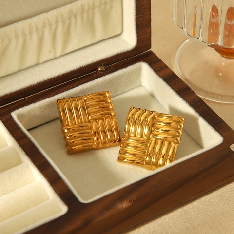 Square Stud Earrings 18K Gold Plated Stainless Steel Woven Textured Geometric Retro Minimalist Fashion For Women