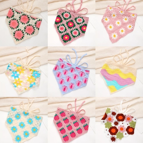 Fazzoletto Da Testa Triangolare A Fiori All Uncinetto Maglia Fatta A Mano Margherita Fragola Bandana Stile Pastorale Lacci