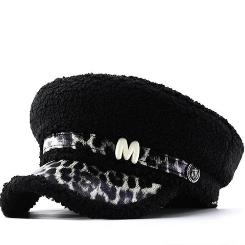 Cappello Newsboy Da Donna In Finta Lana Di Agnello Tesa Leopardata Cappello Piatto Caldo Invernale Con Letra M E Bottone Ancora