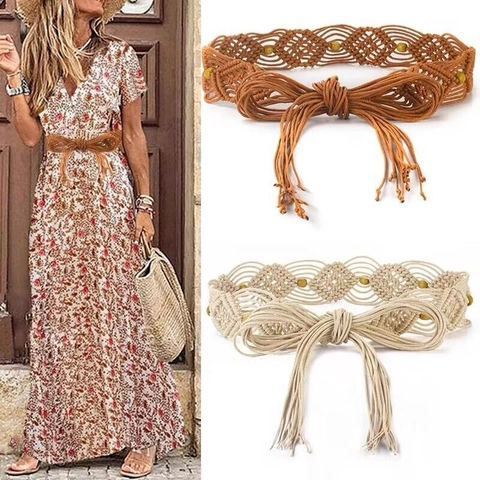 Women Ethnic Woven Belt Macrame Waist Chain With Wooden Beads Tassel Bohemian Retro Decorative Belt For Dress Adjustable
