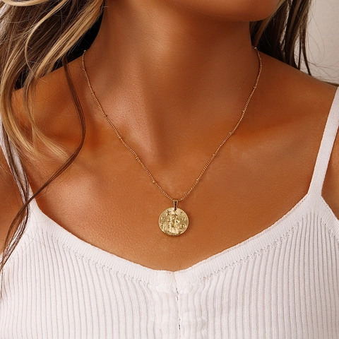 Zodiac Necklace Stainless Steel Gold Plated Twelve Signs Relief Coin Pendant Retro Minimalist Jewelry For Women
