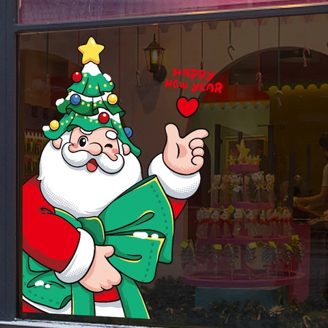 Pegatinas Navidad Ventana Estáticas Papá Noel Dibujos Animados Con Sombrero Árbol Navidad Lazo Verde Decoración