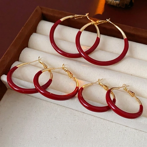 Pendientes De Aro Redondos De Esmalte Rojo Con Silver Earring Post Aleación Geométrica Chic Joyería Para Mujeres