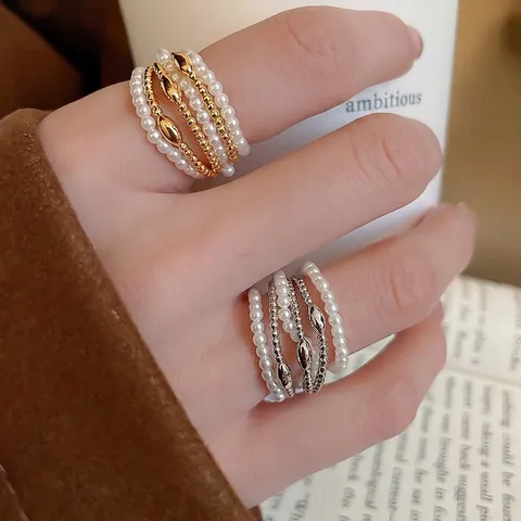 French Retro Multi Layer Beaded Ring Imitation Artificial Pearl Gold Plated Copper Open Adjustable Minimalist Jewelry For Women