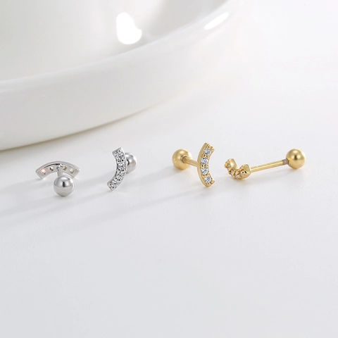 925 Sterlingsilber 14K Gold Vergoldet Minimalistische Bogen Zirkonia Ohrstecker Für Damen Kleine Schraubverschluss Barbell Schmuck